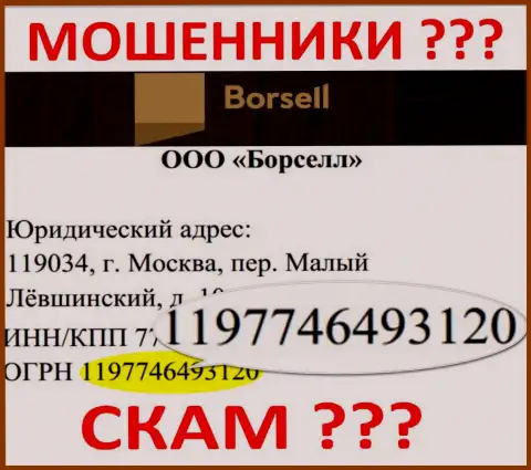 Регистрационный номер преступно действующей компании Borsell - 1197746493120