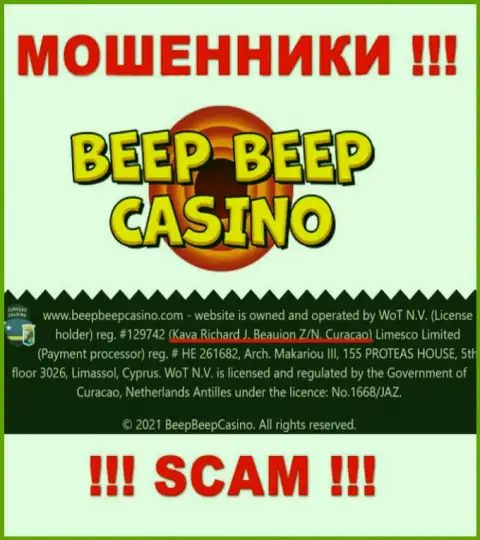 Beep Beep Casino это мошенническая контора, которая пустила корни в офшорной зоне по адресу Kaya Richard J. Beaujon Z/N, Curacao