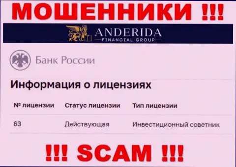Андерида Груп уверяют, что имеют лицензию от Центрального Банка Российской Федерации (инфа с сайта аферистов)