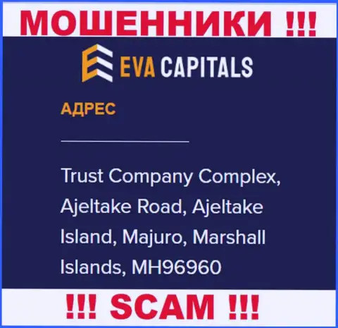 На портале Eva Capitals показан офшорный адрес регистрации компании - Trust Company Complex, Ajeltake Road, Ajeltake Island, Majuro, Marshall Islands, MH96960, будьте бдительны - это мошенники