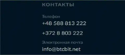 Номера телефонов и адрес электронной почты интернет обменки BTCBit