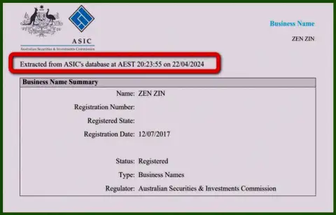 Документ, который доказывает присутствие регистрации у дилинговой организации Зиннейра Ком