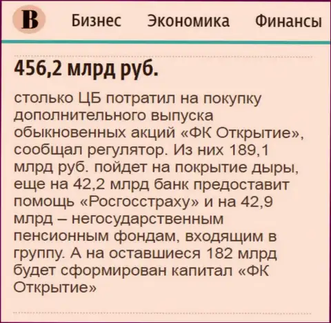 Как сказано в газете Ведомости, почти 0.5 триллиона российских рублей потрачено на спасение от разорения ФК Открытие