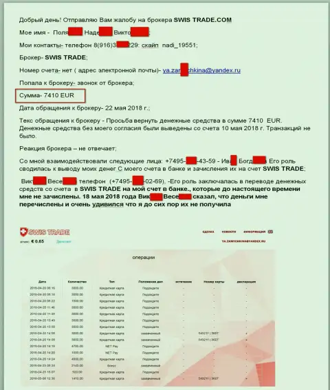 Кидалы из Швис Трейд обманули forex трейдера на больше чем 7 410 EUR
