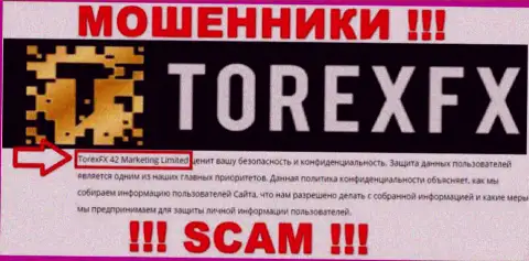 Юридическое лицо, управляющее internet мошенниками TorexFX - это Торекс ФХ 42 Маркетинг Лтд